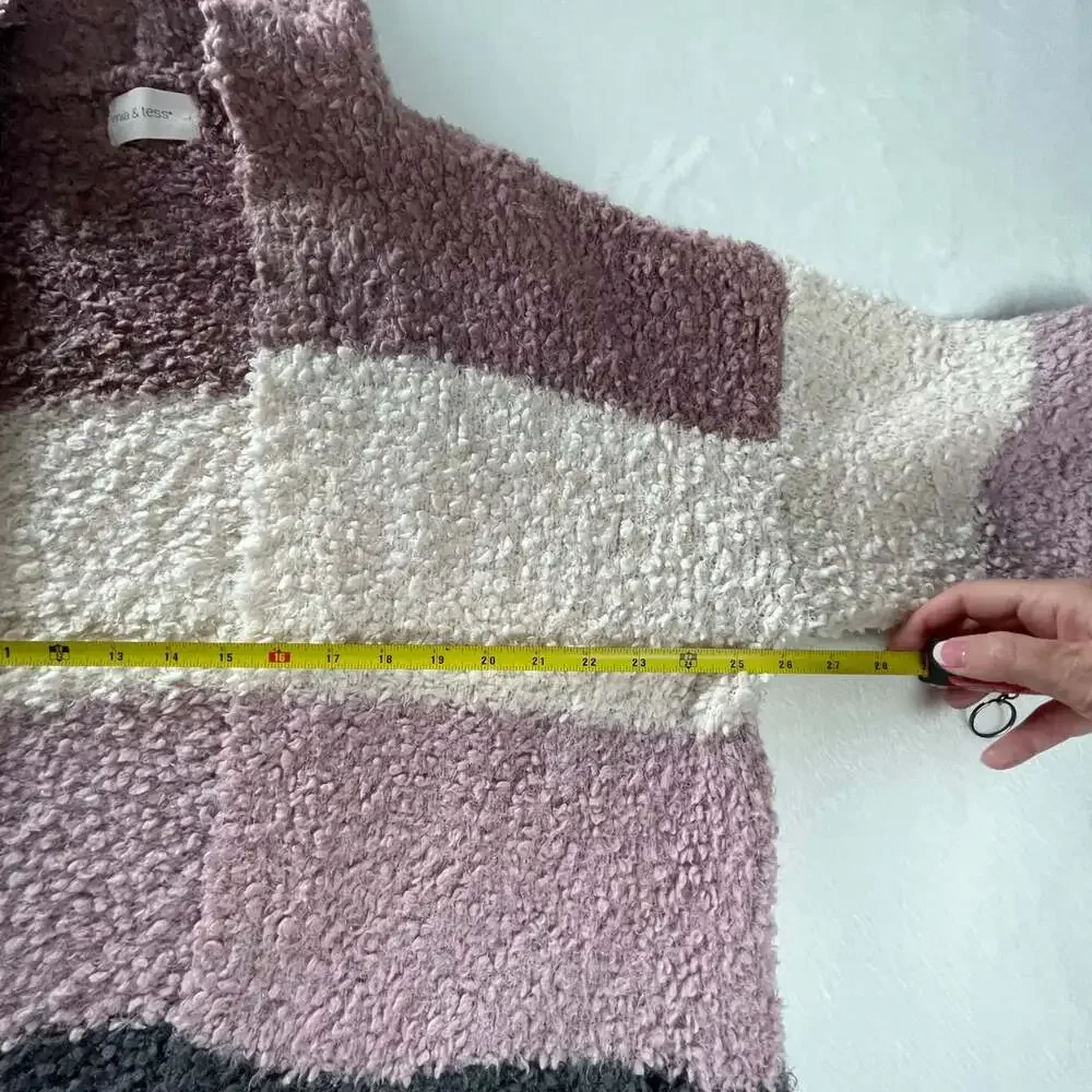 Mia & Tess L Hooded Open Front Cardigan Boucle Colorblock‎ Cozy Sweater